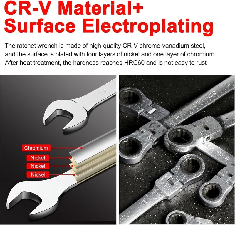 WISEUP 12Pcs Ratchet Wrench, CR-V Chrome-vanadium Steel 8-19mm Wrench, 180 ° Adjustable Combination Wrenches, Double-end Ratchet Wrench, Anti-slip Rust-proof, Labor-saving Tools - Image 5